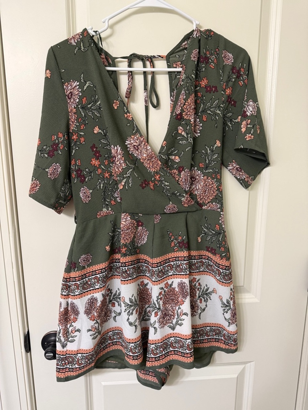 Floral Wrap Front Olive Short romper